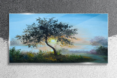 Sunset over the lake Glass Wall Art