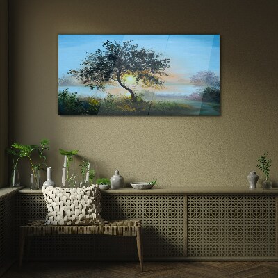 Sunset over the lake Glass Wall Art