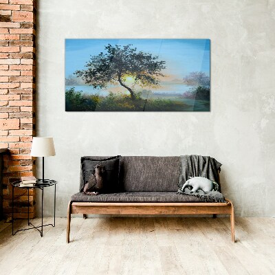 Sunset over the lake Glass Wall Art
