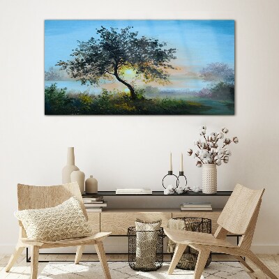 Sunset over the lake Glass Wall Art