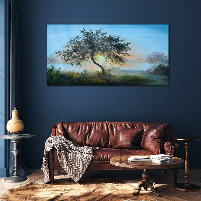 Sunset over the lake Glass Wall Art