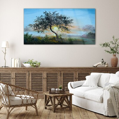 Sunset over the lake Glass Wall Art