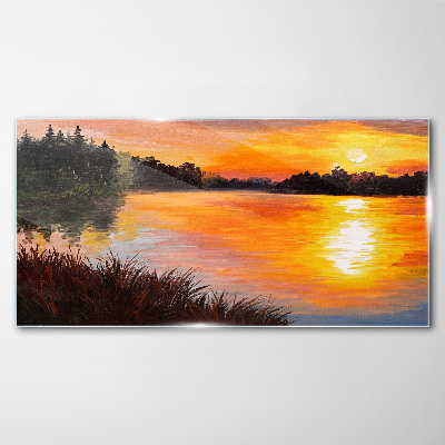 Forest lake sunset Glass Wall Art