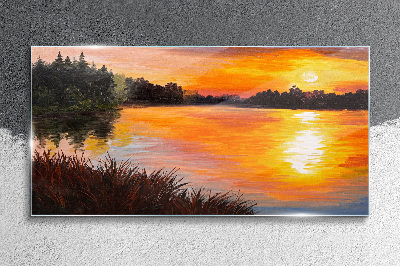 Sunset over the lake Glass Wall Art