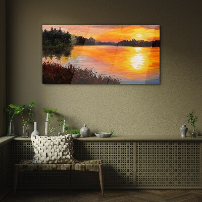 Sunset over the lake Glass Wall Art