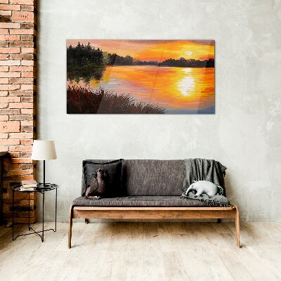 Sunset over the lake Glass Wall Art