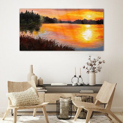 Sunset over the lake Glass Wall Art