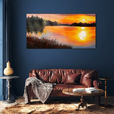 Sunset over the lake Glass Wall Art