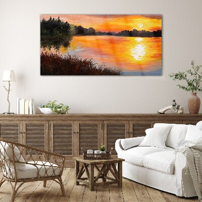 Sunset over the lake Glass Wall Art