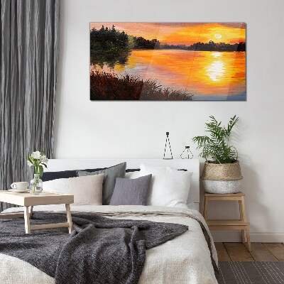 Sunset over the lake Glass Wall Art
