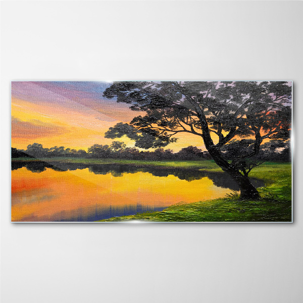 Sunset over the lake Glass Wall Art