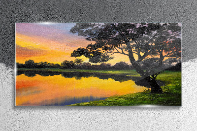 Sunset over the lake Glass Wall Art