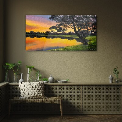 Sunset over the lake Glass Wall Art