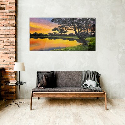 Sunset over the lake Glass Wall Art