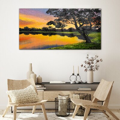 Sunset over the lake Glass Wall Art