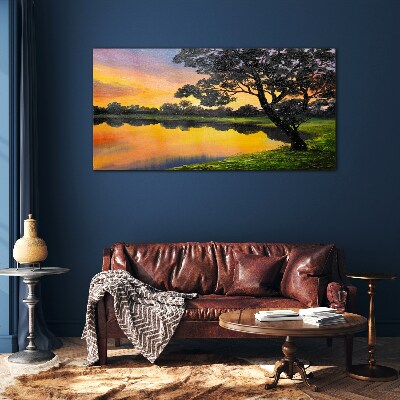 Sunset over the lake Glass Wall Art