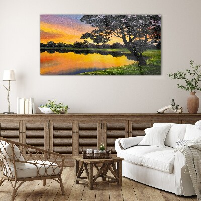 Sunset over the lake Glass Wall Art