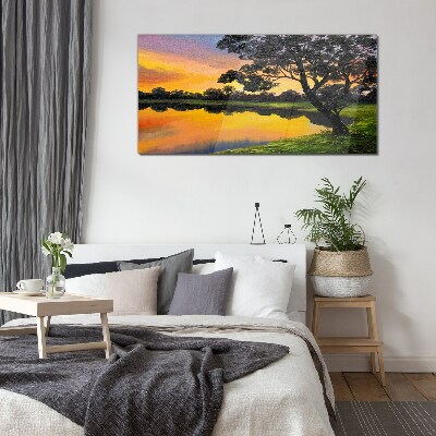 Sunset over the lake Glass Wall Art