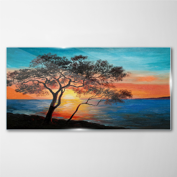 Tree sunset sea Glass Wall Art