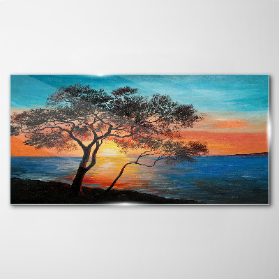 Sunset over the lake Glass Wall Art