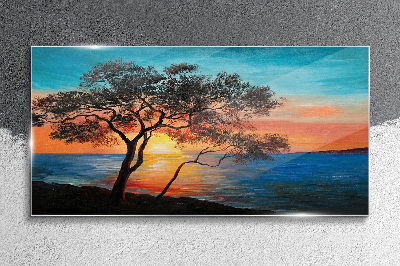 Tree sunset sea Glass Wall Art