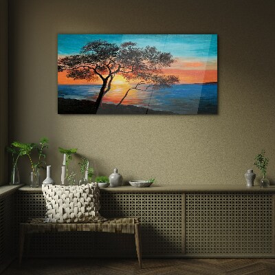 Sunset over the lake Glass Wall Art