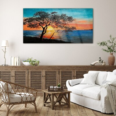 Sunset over the lake Glass Wall Art