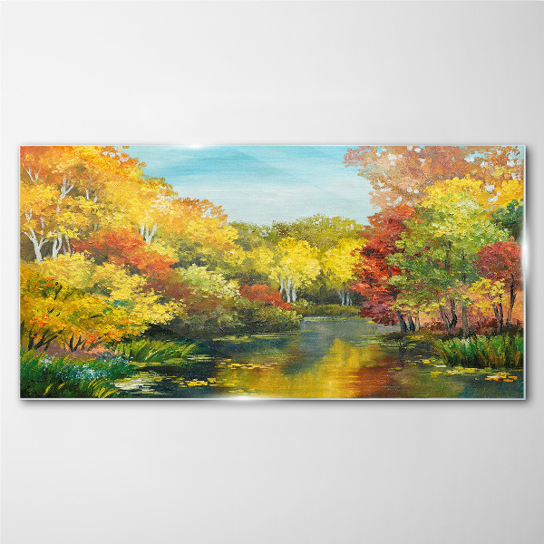 Golden autumn by the lake Glass Wall Art