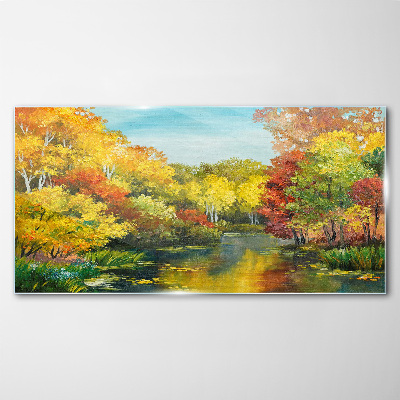 Golden autumn by the lake Glass Wall Art