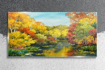 Golden autumn by the lake Glass Wall Art