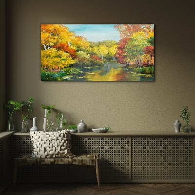Golden autumn by the lake Glass Wall Art