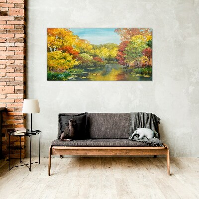 Golden autumn by the lake Glass Wall Art