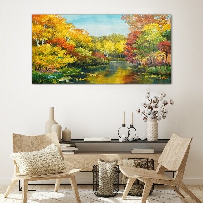Golden autumn by the lake Glass Wall Art