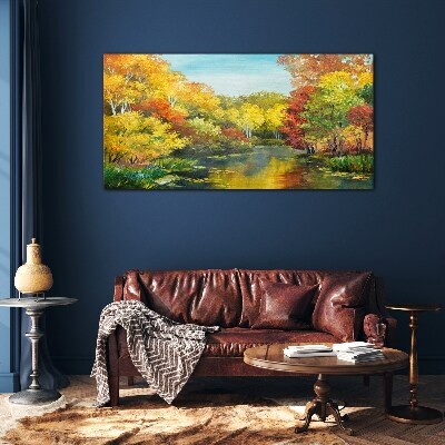 Golden autumn by the lake Glass Wall Art