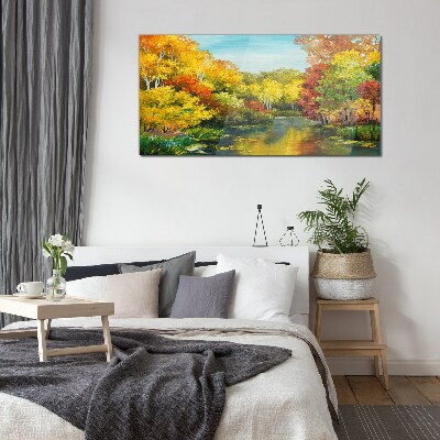 Golden autumn by the lake Glass Wall Art