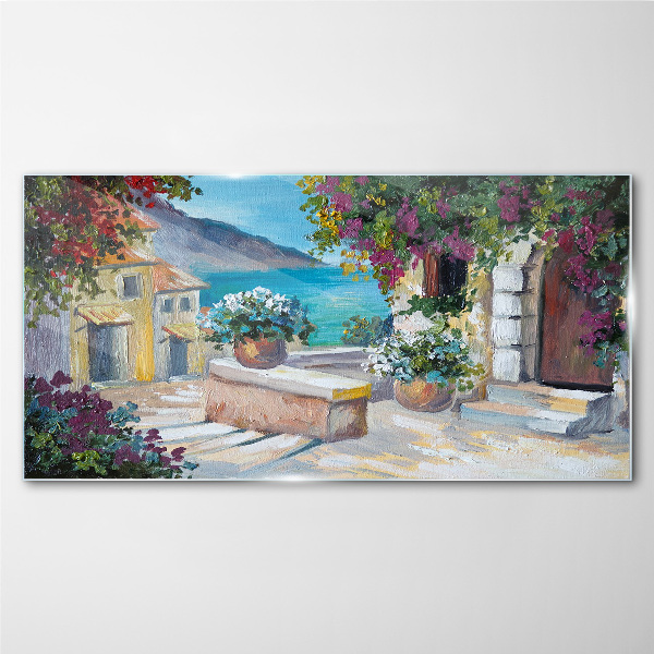 A seaside town in flowers Glass Wall Art
