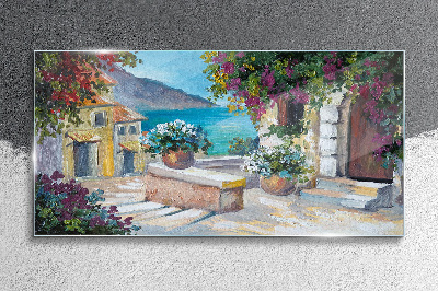 A seaside town in flowers Glass Wall Art