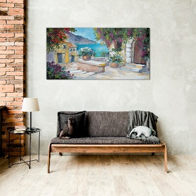 A seaside town in flowers Glass Wall Art