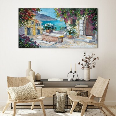 A seaside town in flowers Glass Wall Art