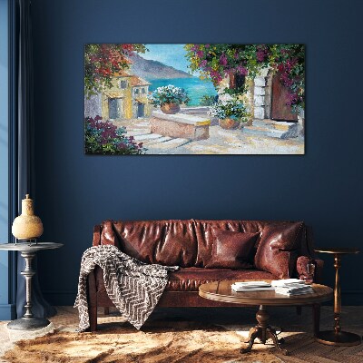 A seaside town in flowers Glass Wall Art
