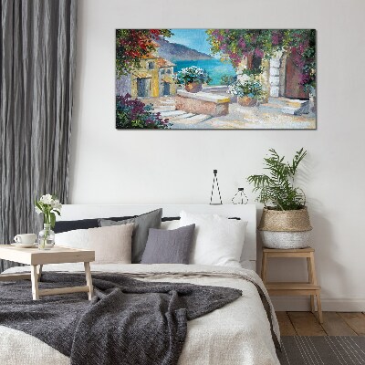 A seaside town in flowers Glass Wall Art