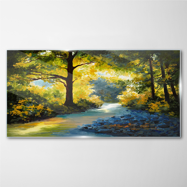 Golden light in the forest scenery Glass Wall Art