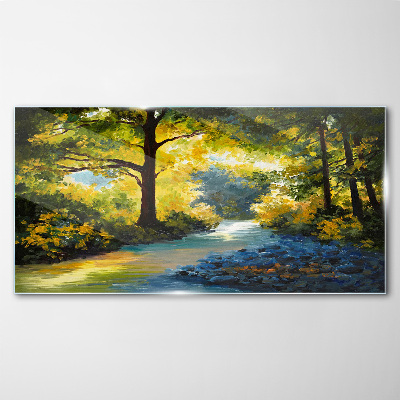 Golden light in the forest scenery Glass Wall Art