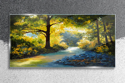 Golden light in the forest scenery Glass Wall Art