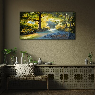 Golden light in the forest scenery Glass Wall Art