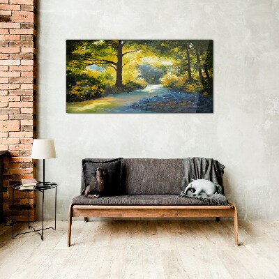 Golden light in the forest scenery Glass Wall Art
