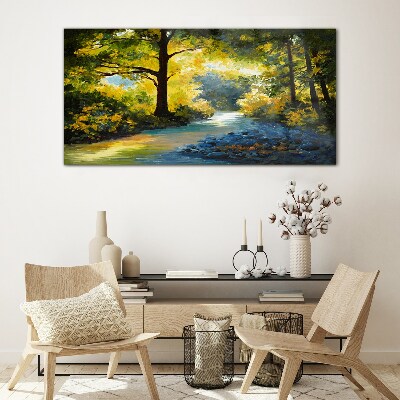 Golden light in the forest scenery Glass Wall Art