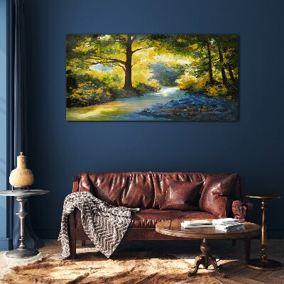 Golden light in the forest scenery Glass Wall Art