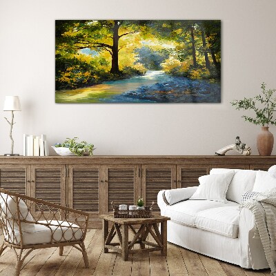 Golden light in the forest scenery Glass Wall Art