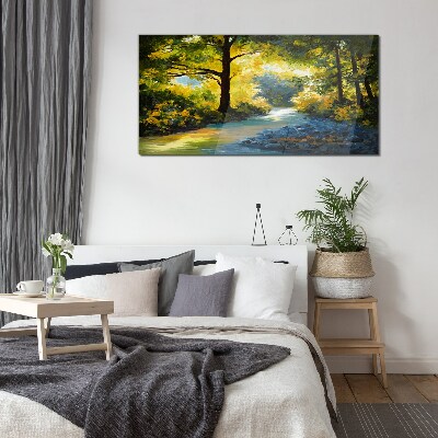 Golden light in the forest scenery Glass Wall Art